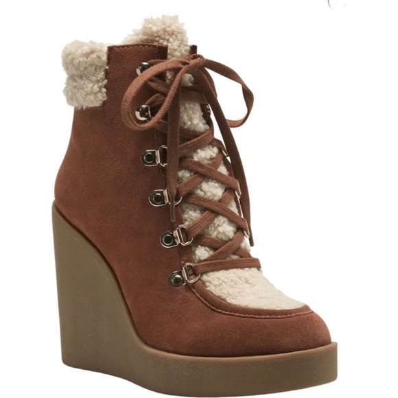 NEW Jessica Simpson Maelyn Wedge Bootie Brown Caramel Combo Leather Suede Sherpa - Picture 1 of 11